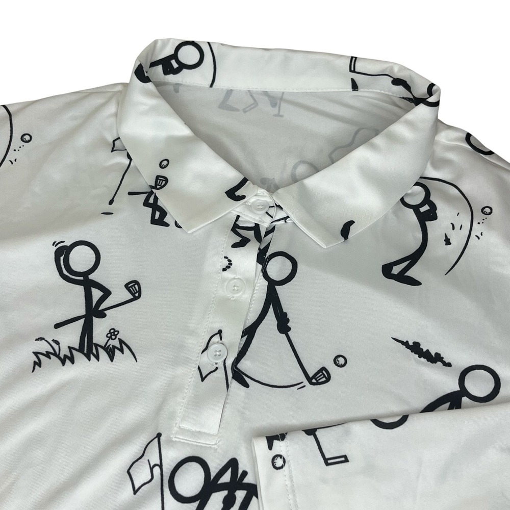 Mens Stick Figure Golf Print Long Sleeve Polo Shirt White Black 4XL